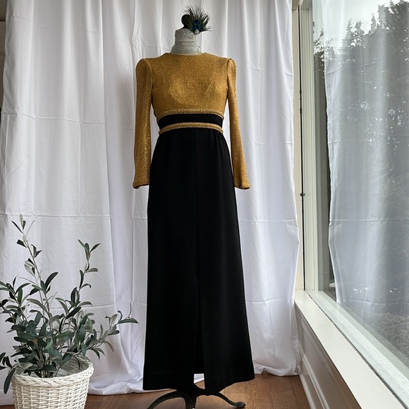 Vintage Evening gown with coat and scarf Black and Gold Lame no label Pure wool - Picture 6 of 14